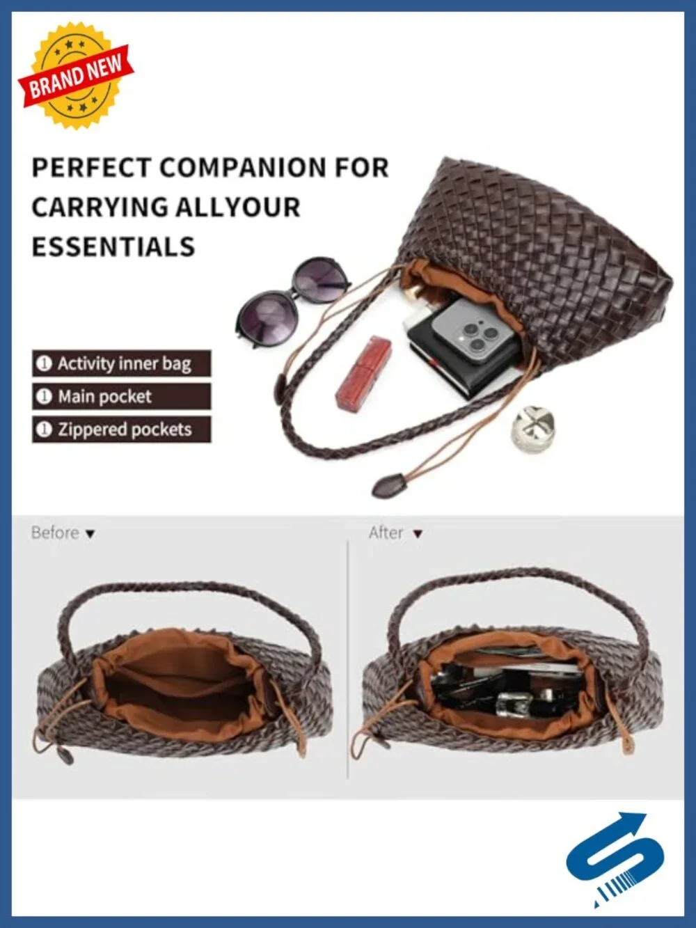 Woven Shoulder Bag Women Vegan Leather Tote Handbag Hobo Purse with Drawstring
